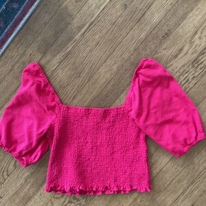 Crop top; puffy sleeve, L, hot pink, linen